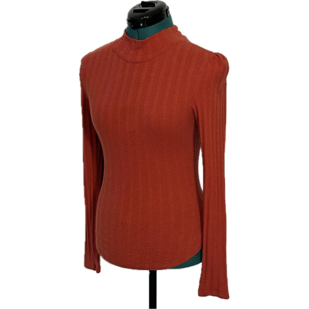 Free People Top Open Back Scarf Tie Ribbed XS Rust Orange Boho Mock Neck
